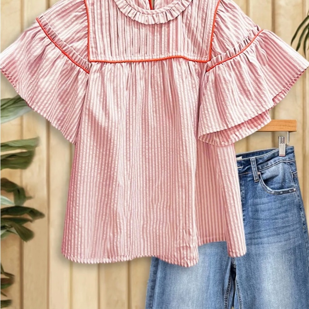 Pink Ruffled Trumpet Sleeve Blouse